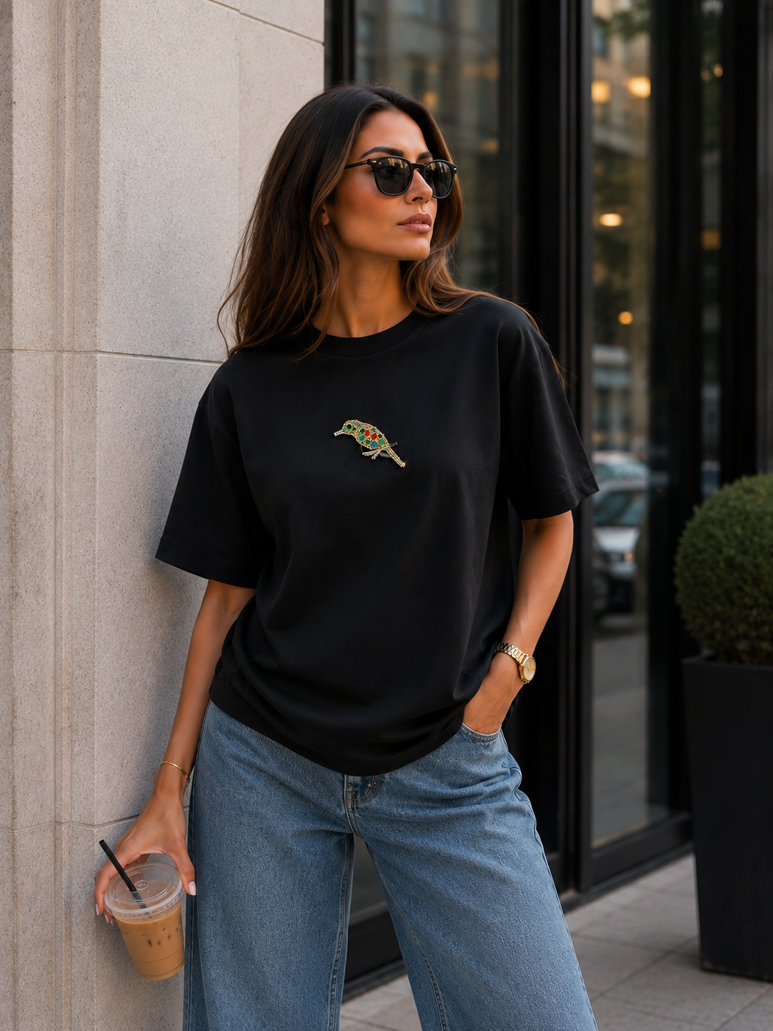 Oversize tişört modal kumaş taş aksesuar