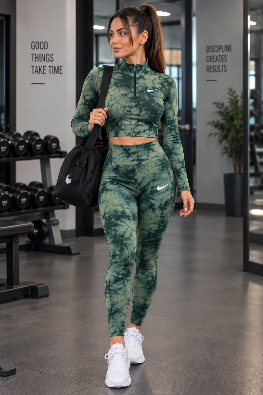 Dik Yaka Batik DesenYüksek Bel Tayt & Yarım Fermuarlı Crop Takım