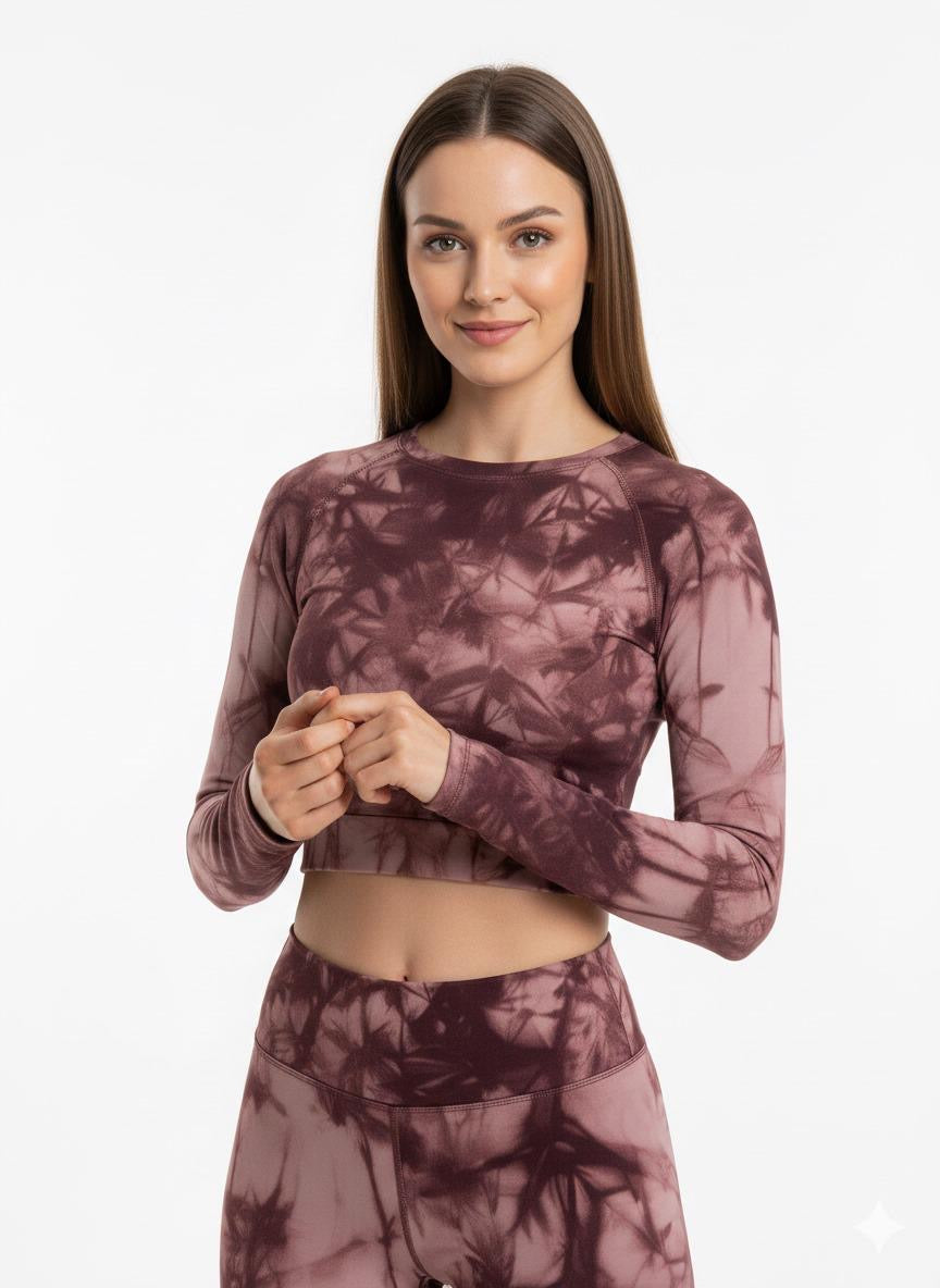 Batik Desenli Dalgıç Kumaş Crop & Yüksek Bel Tayt Takım