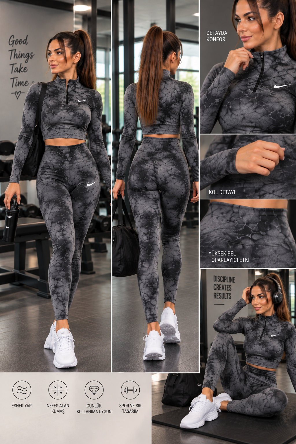 Dik Yaka Batik DesenYüksek Bel Tayt & Yarım Fermuarlı Crop Takım