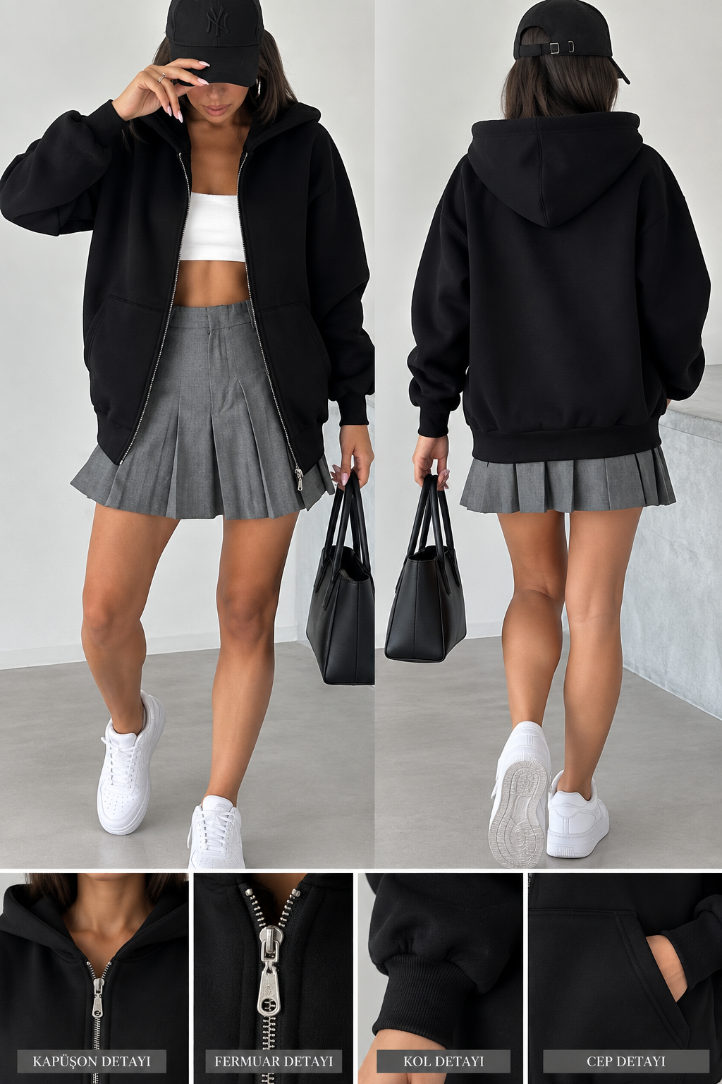 Kadın Oversize Kapüşonlu Fermuarlı Sweatshirt