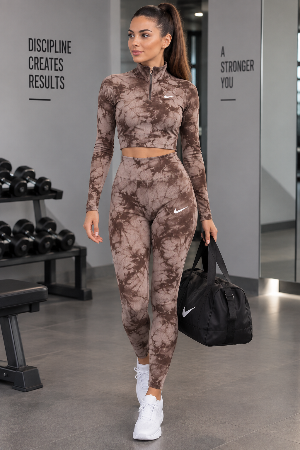 Dik Yaka Batik DesenYüksek Bel Tayt & Yarım Fermuarlı Crop Takım