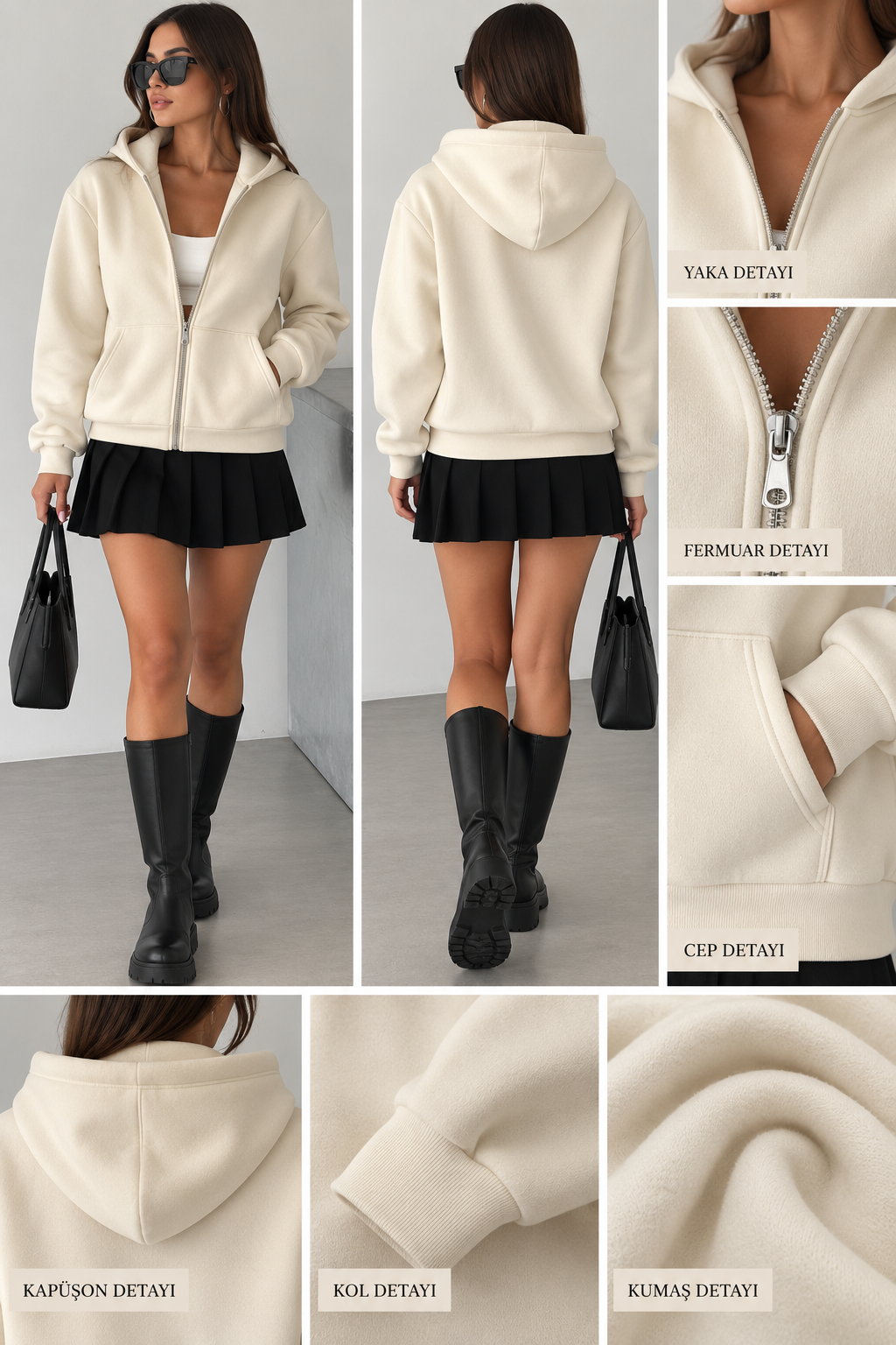 Kadın Oversize Kapüşonlu Fermuarlı Sweatshirt