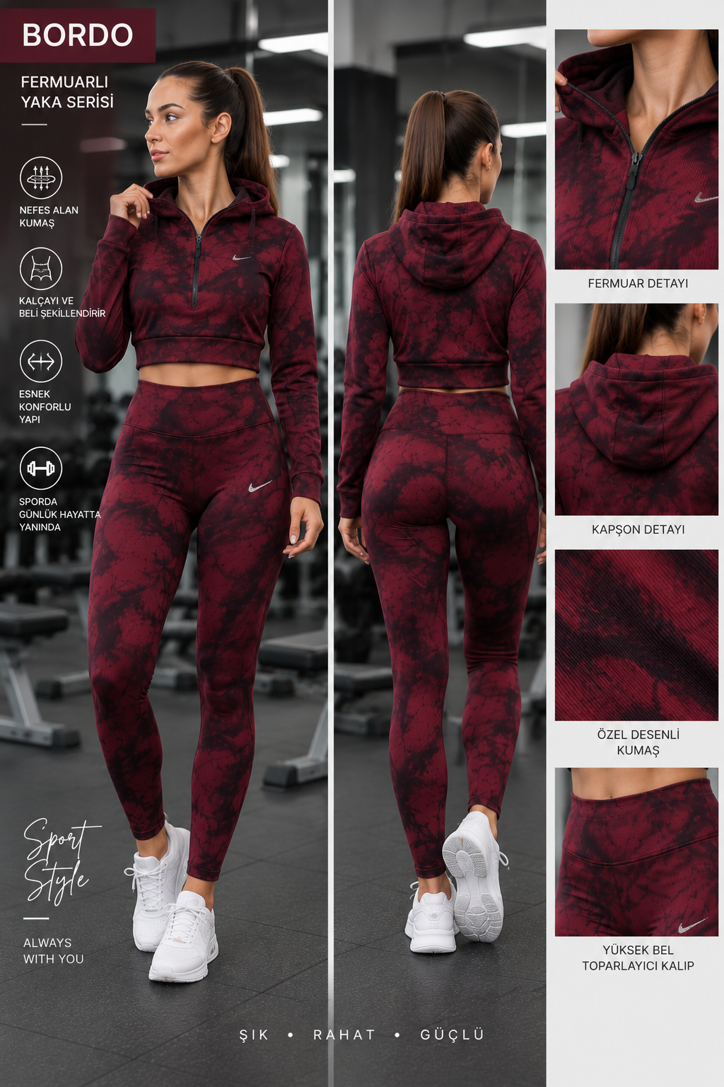 Kapşonlu Batik desen Yüksek Bel Tayt & Yarım Fermuarlı Crop Takım