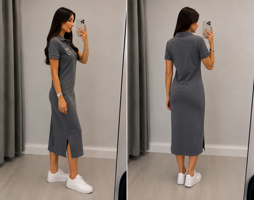 Bayan midi boy taşlı arma detaylı polo yaka Replika elbise