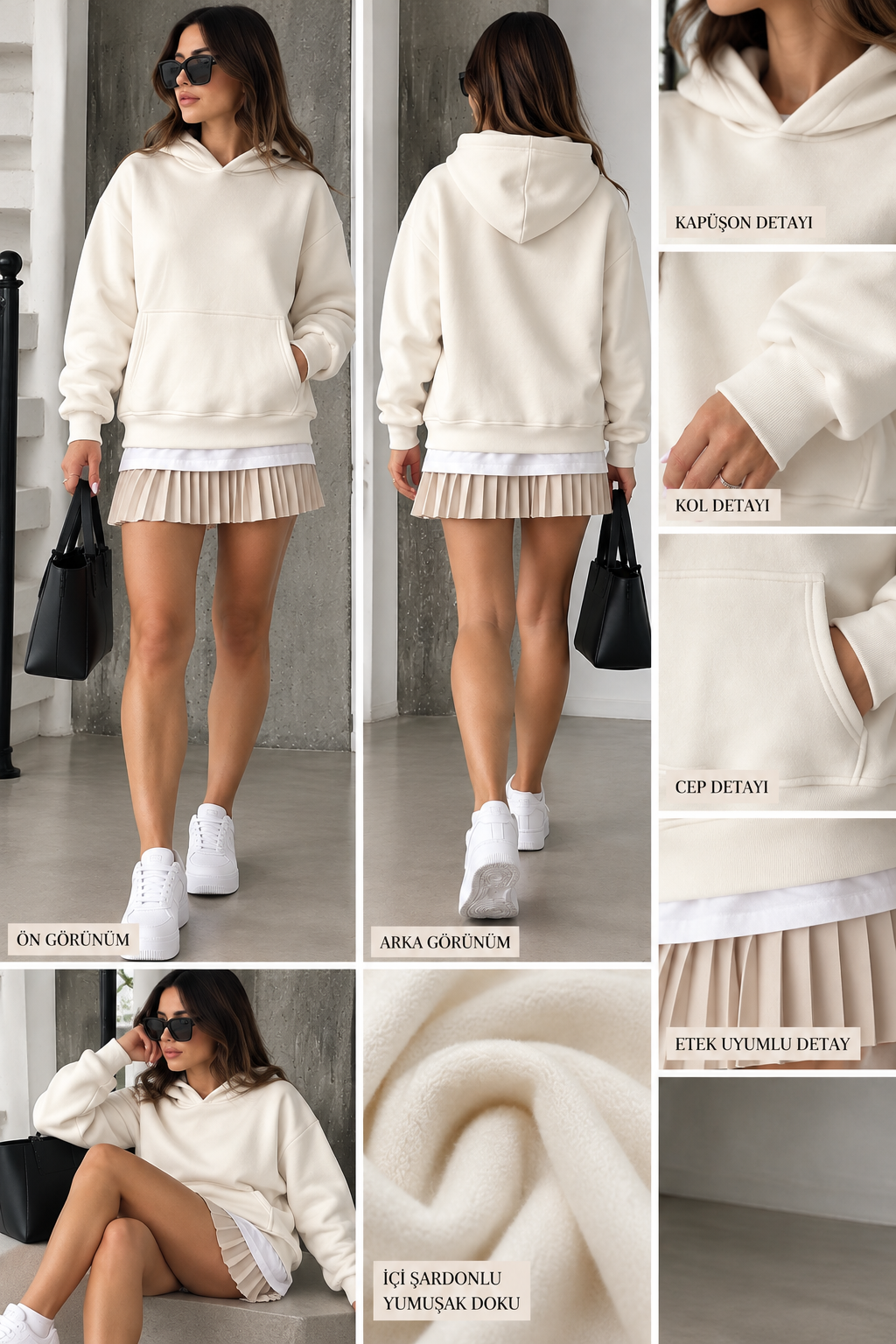 Oversize Kapüşonlu Kanguru Cepli Sweatshirt Taş rengi