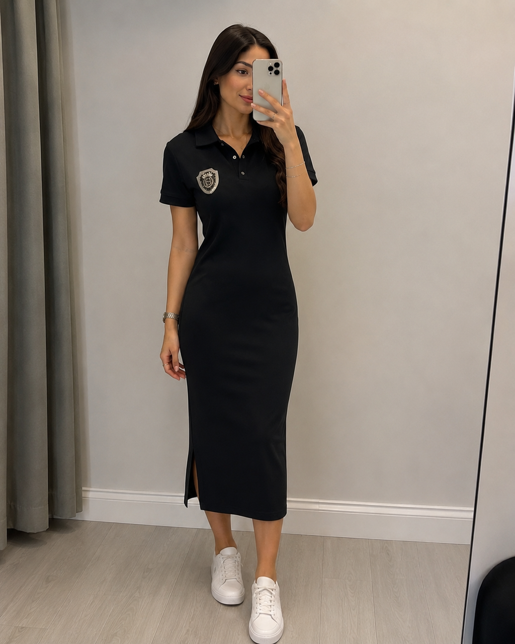 Kadın Polo Yaka Midi Elbise Replika ürün arma taş detaylı kumaş modal yumuşak pamuk