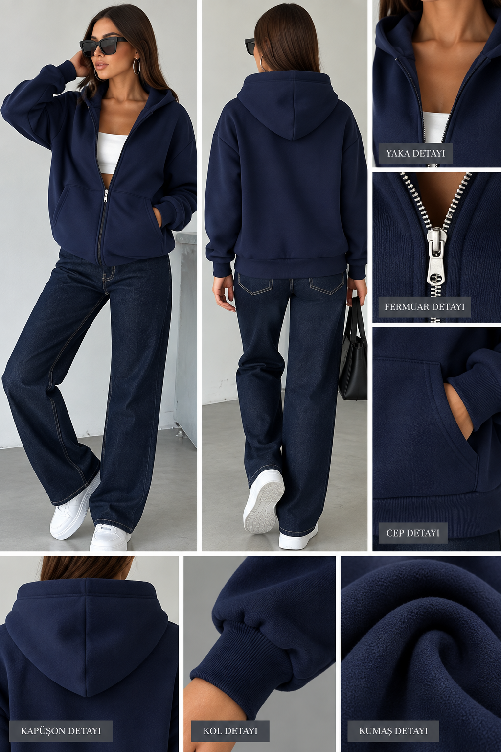 Kadın Oversize Kapüşonlu Fermuarlı Sweatshirt