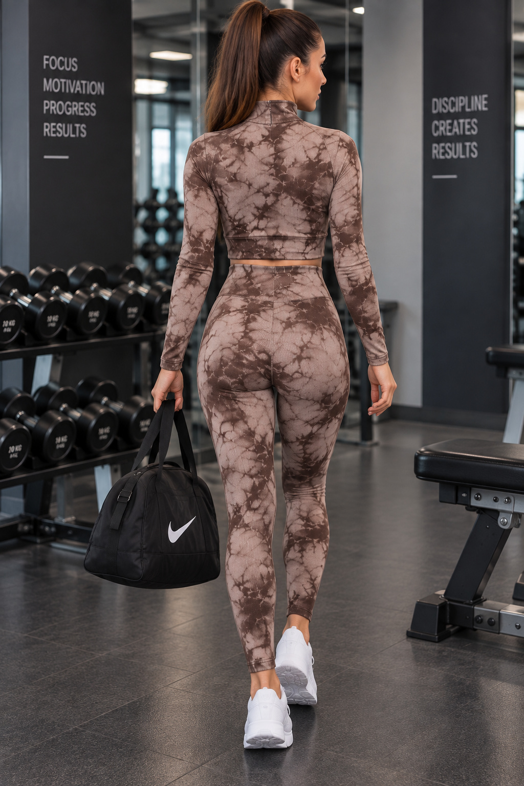 Dik Yaka Batik DesenYüksek Bel Tayt & Yarım Fermuarlı Crop Takım