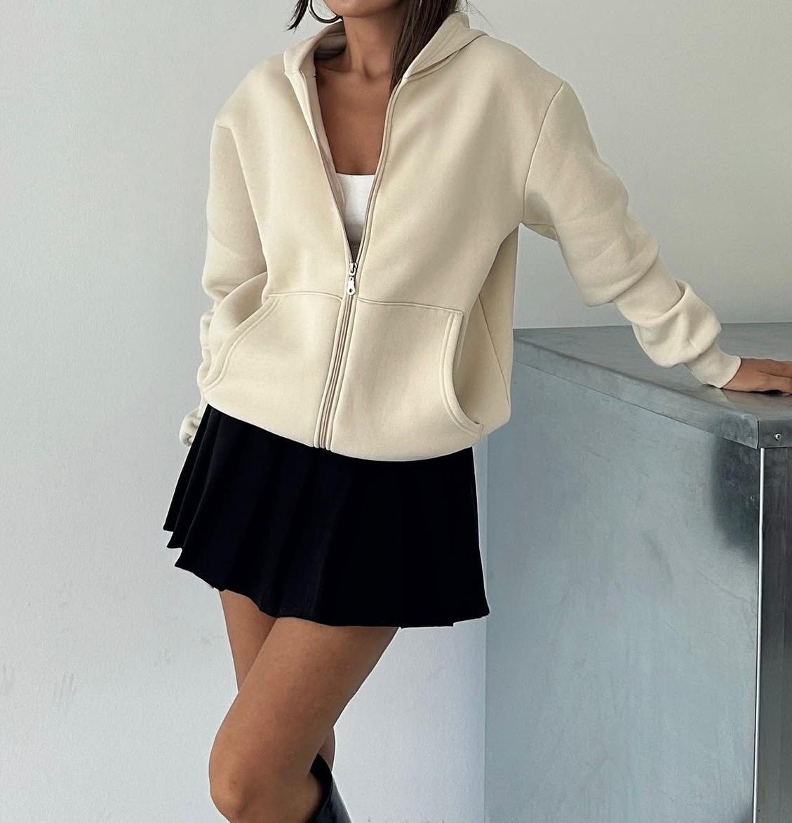 Kadın Oversize Kapüşonlu Fermuarlı Sweatshirt