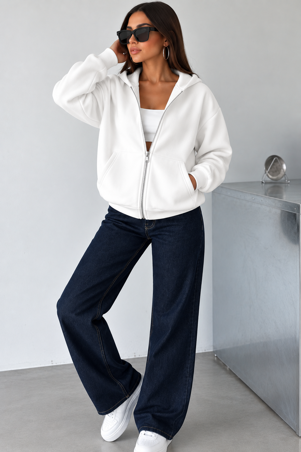 Kadın Oversize Kapüşonlu Fermuarlı Sweatshirt