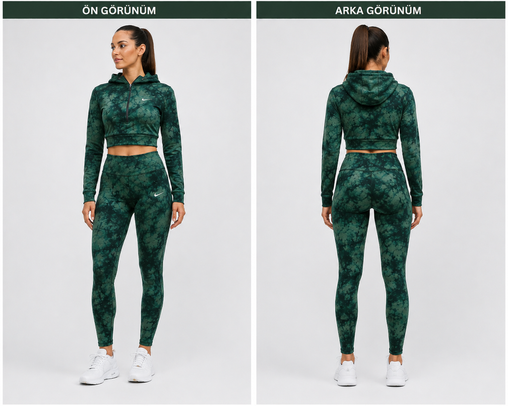 Kapşonlu Batik DesenYüksek Bel Tayt & Yarım Fermuarlı Crop Takım