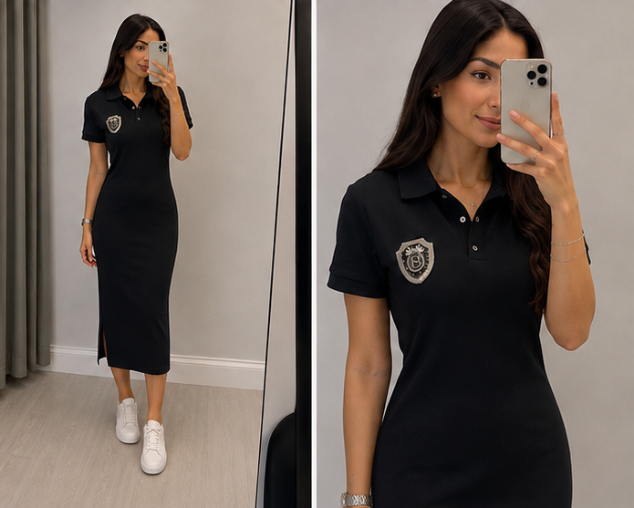 Kadın Polo Yaka Midi Elbise Replika ürün arma taş detaylı kumaş modal yumuşak pamuk