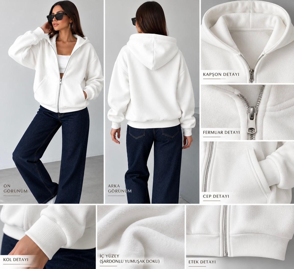 Kadın Oversize Kapüşonlu Fermuarlı Sweatshirt