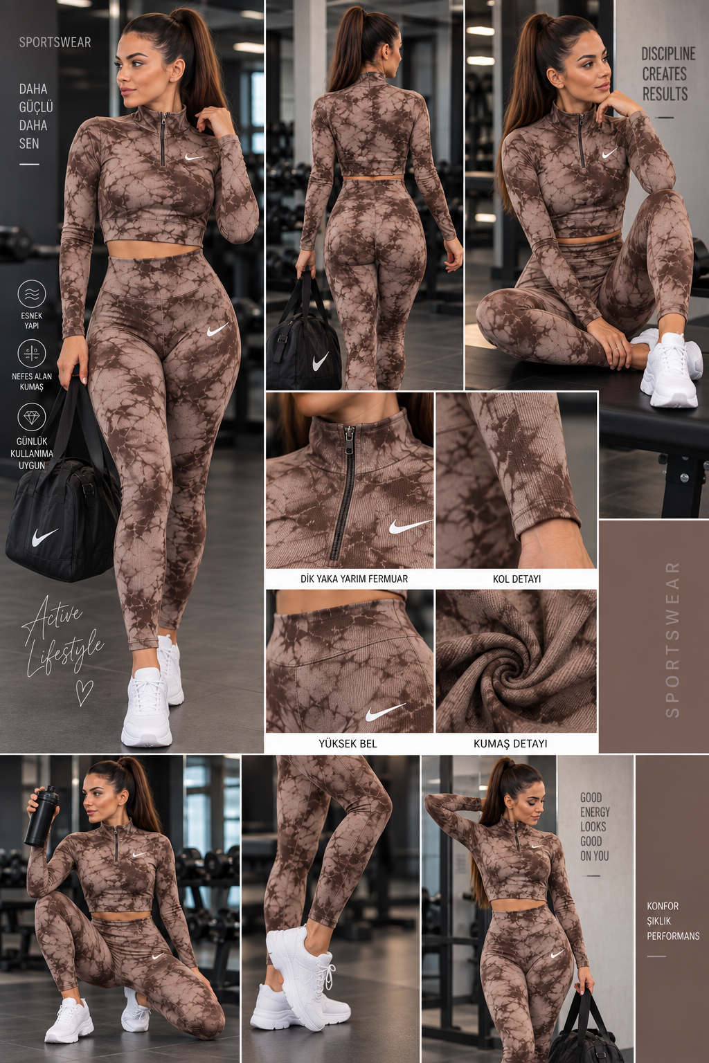 Dik Yaka Batik DesenYüksek Bel Tayt & Yarım Fermuarlı Crop Takım