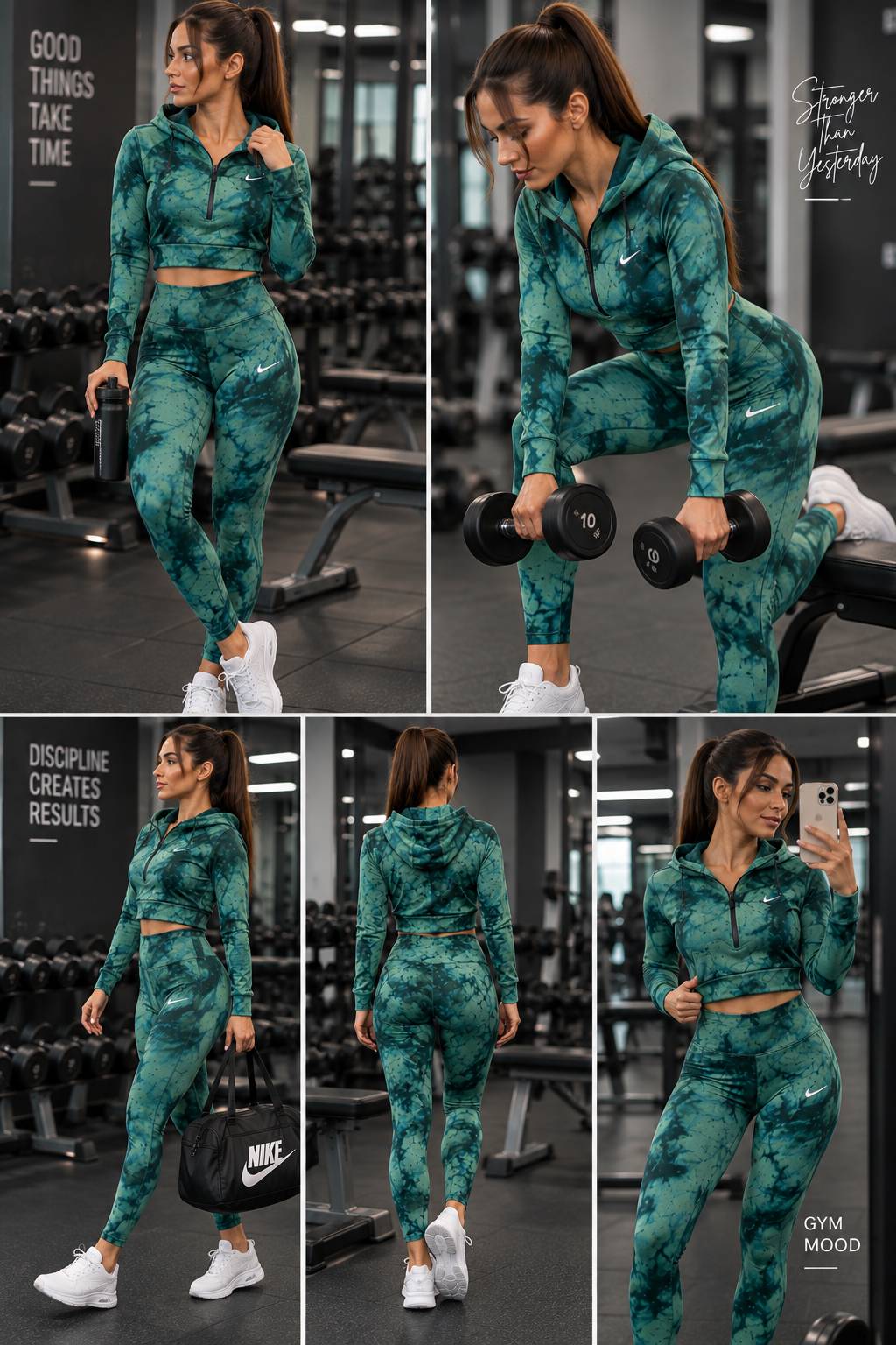 Kapşonlu Batik DesenYüksek Bel Tayt & Yarım Fermuarlı Crop Takım