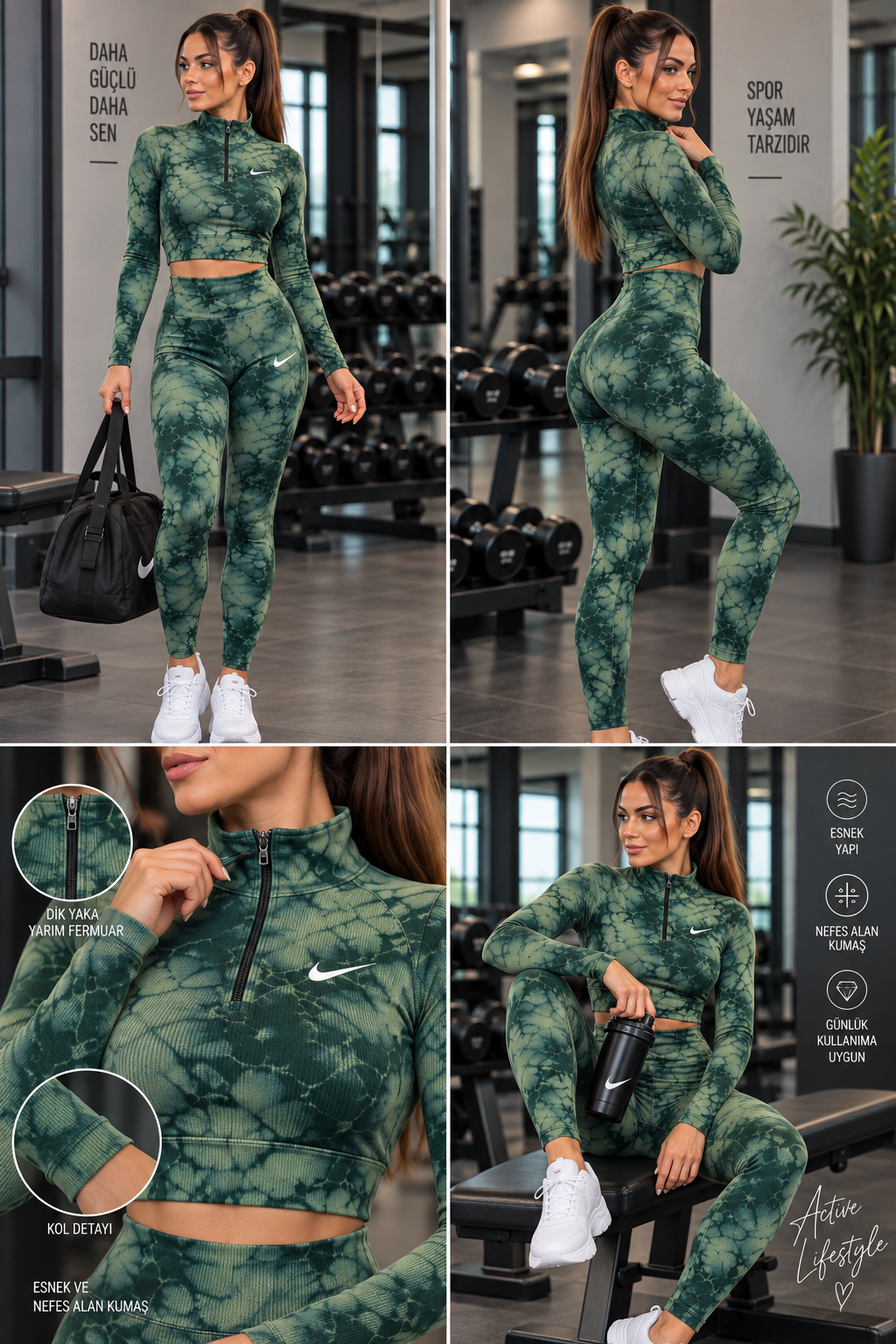 Dik Yaka Batik DesenYüksek Bel Tayt & Yarım Fermuarlı Crop Takım