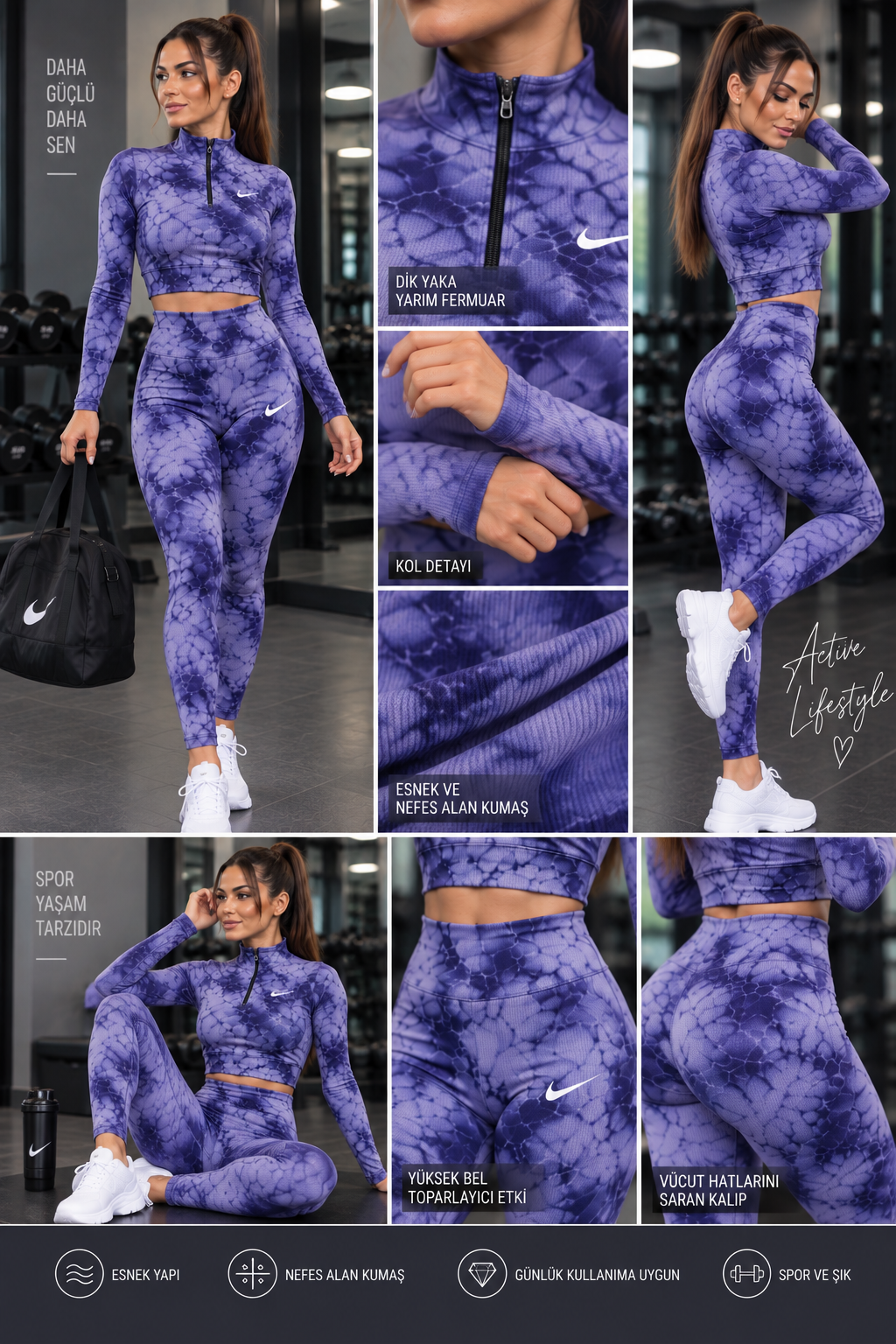 Dik Yaka Batik DesenYüksek Bel Tayt & Yarım Fermuarlı Crop Takım