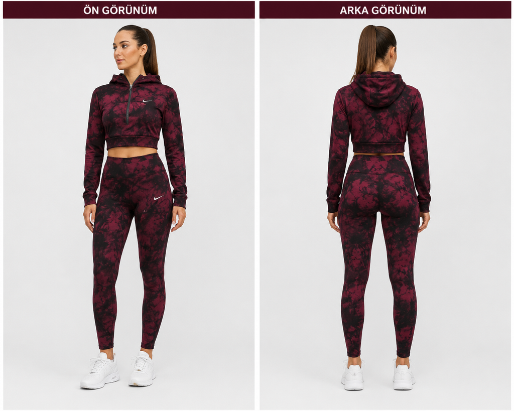 Kapşonlu Batik desen Yüksek Bel Tayt & Yarım Fermuarlı Crop Takım