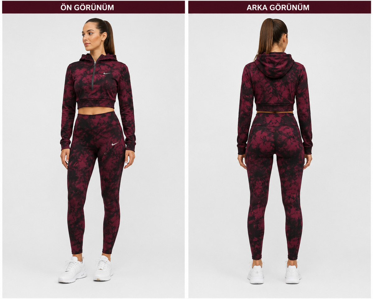 Kapşonlu Batik desen Yüksek Bel Tayt & Yarım Fermuarlı Crop Takım