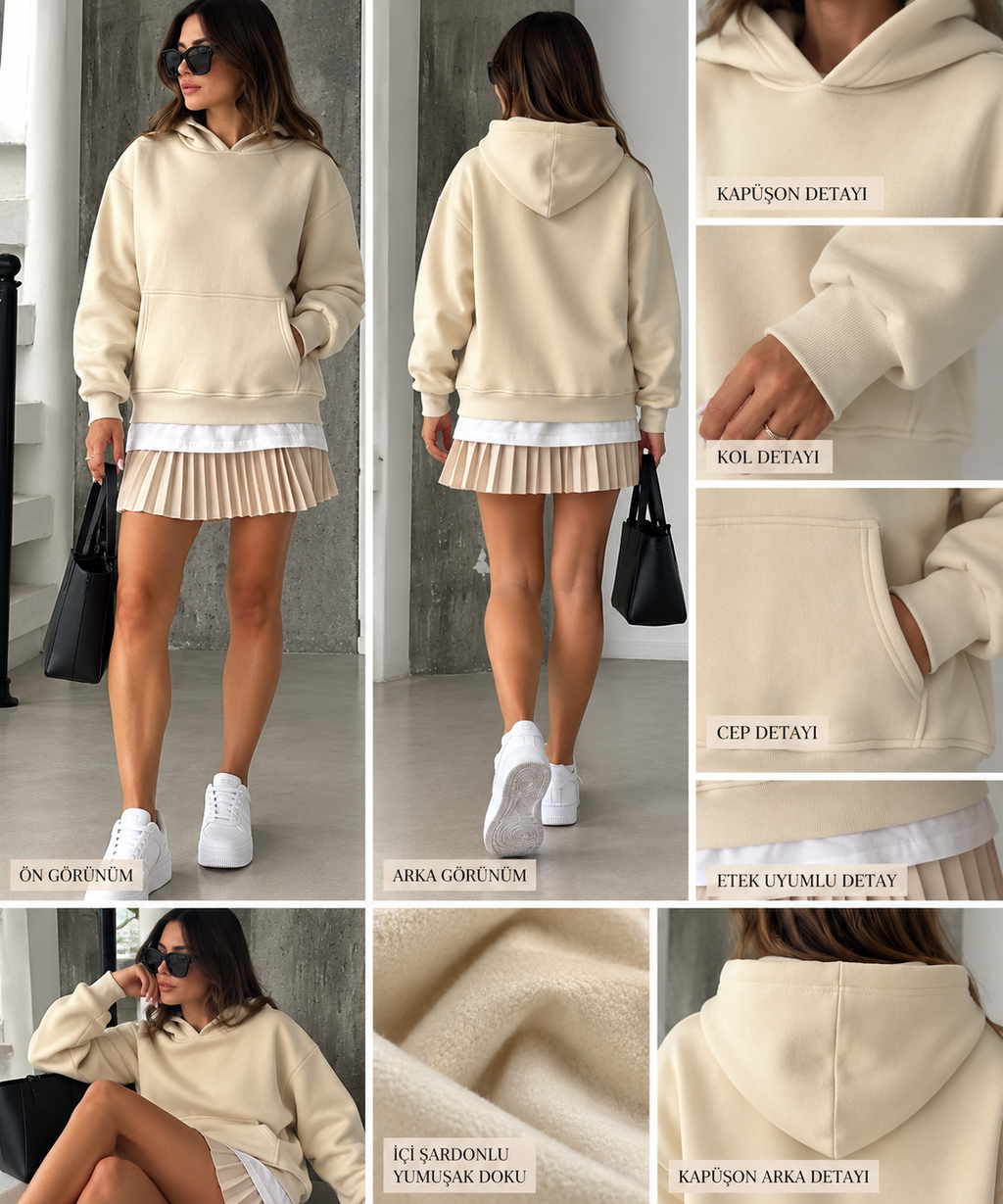Oversize Kapüşonlu Kanguru Cepli Sweatshirt -